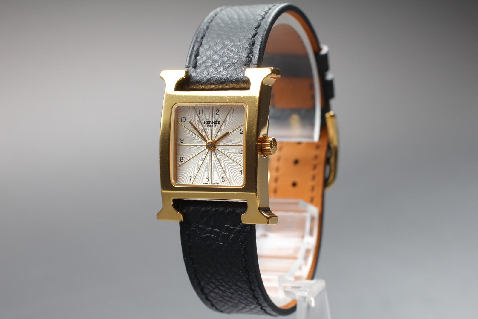 [Exc+5] HERMES H Watch HH1.201 Gold Black "N" 21mm Woman's Watch Quartz JAPAN