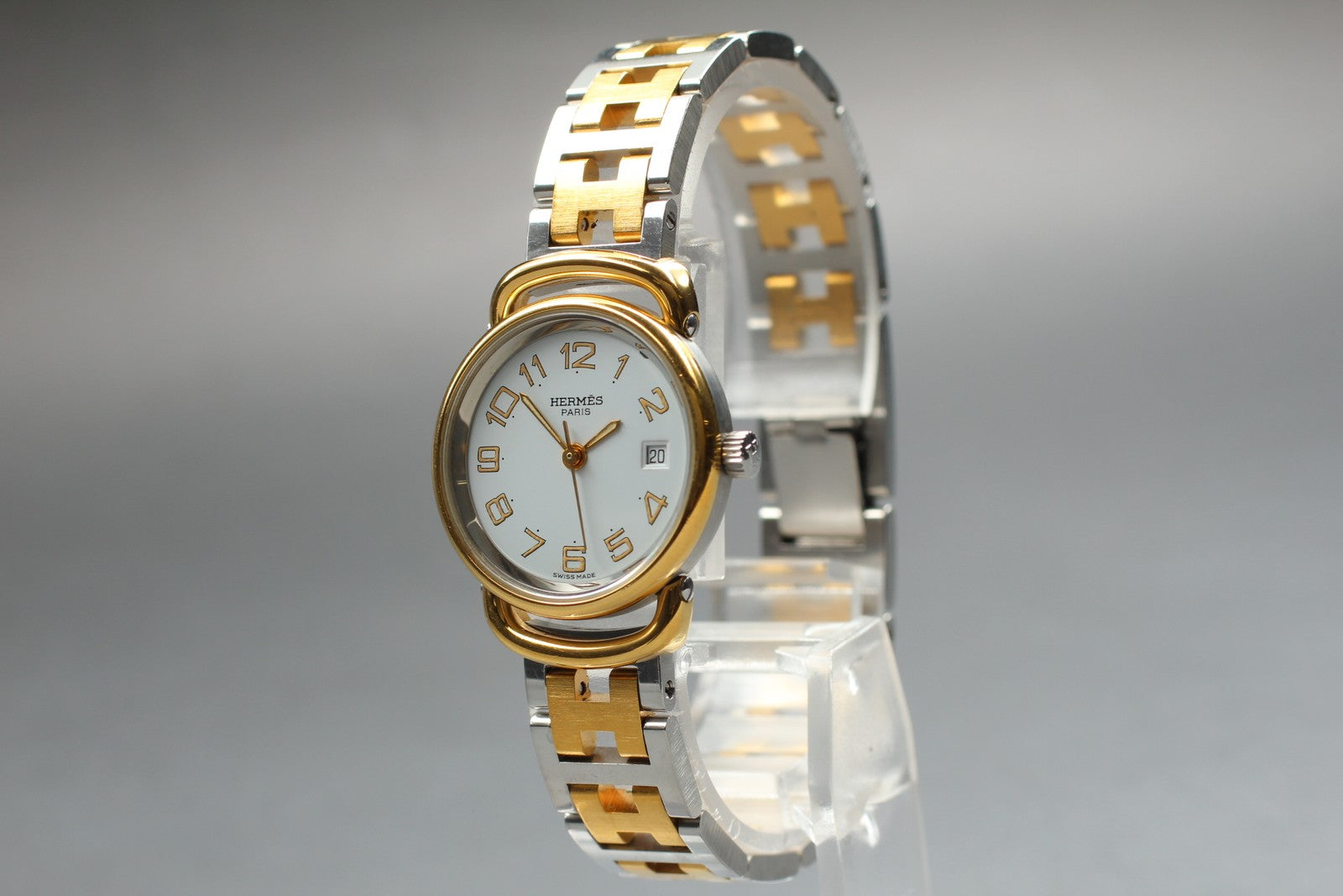 Vintage [Exc+5] Hermes Pullman Gold White Dial 24mm Date Woman's Quartz Watch