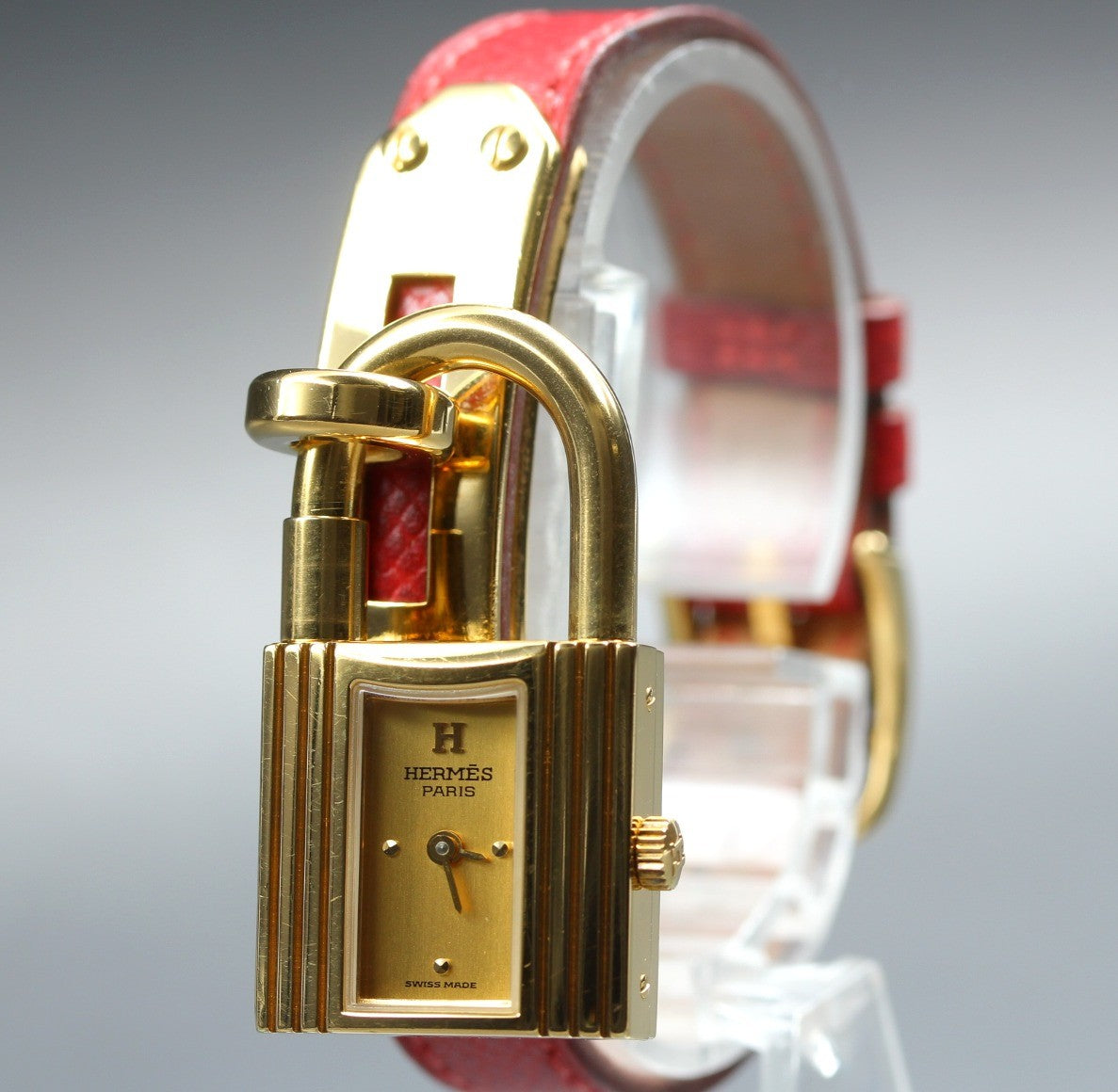 [Overhauled] HERMES Kelly Watch Gold Dial Red Leather "W" Woman's Watch Quartz