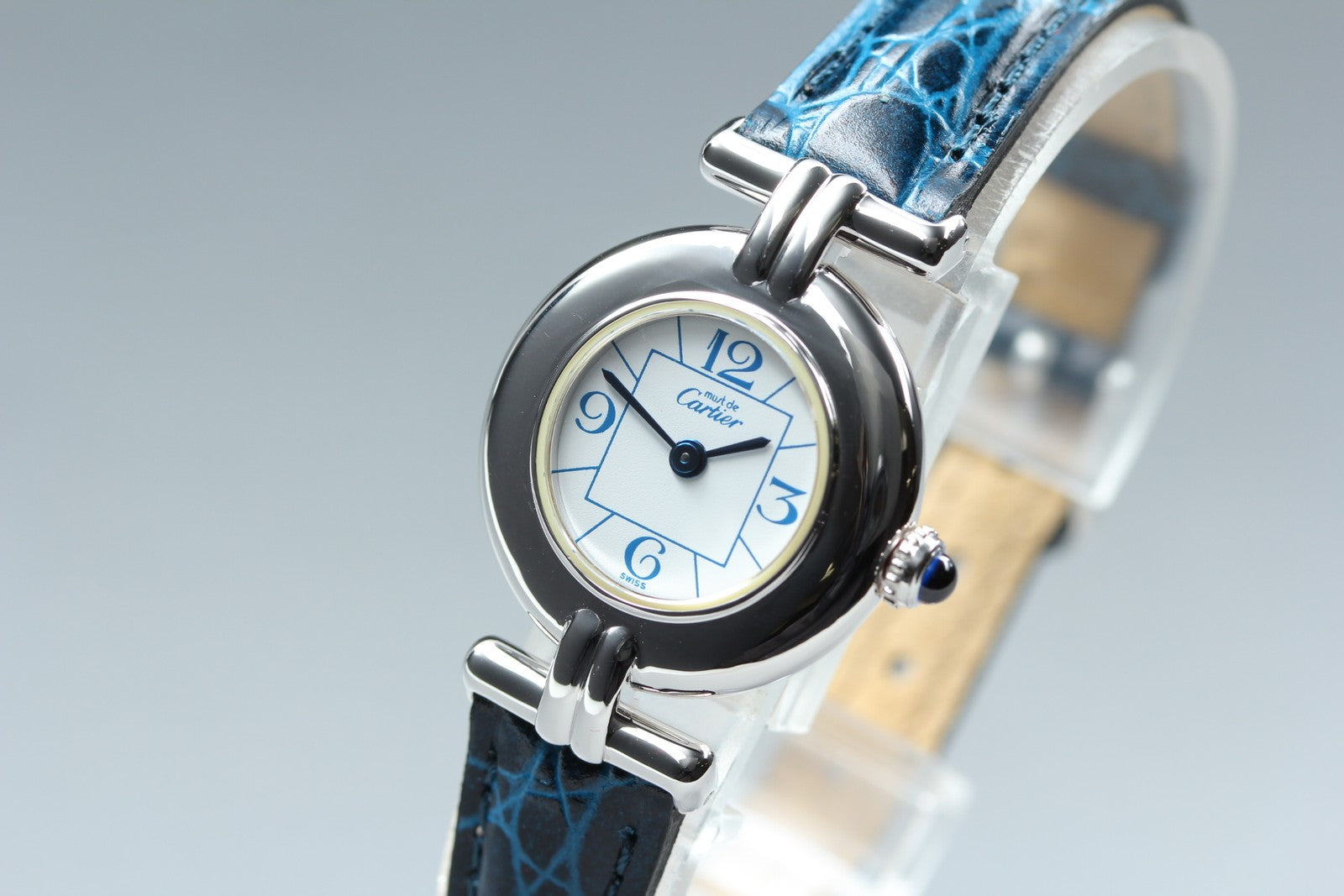 [Overhauled] Cartier Must Colisee Vermeil 2411 Silver Blue Womens Qz Watch Pouch