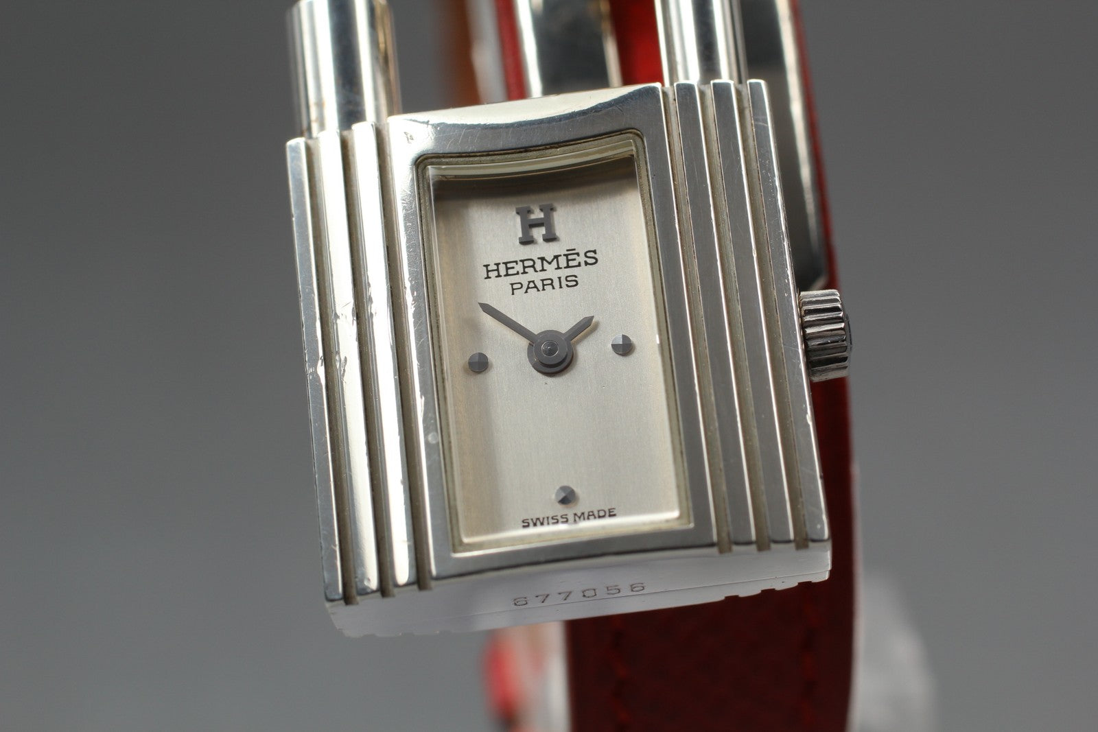 Vintage [Exc+5] HERMES Kelly Watch Silver Red Leather "Y" Woman's Quartz Watch