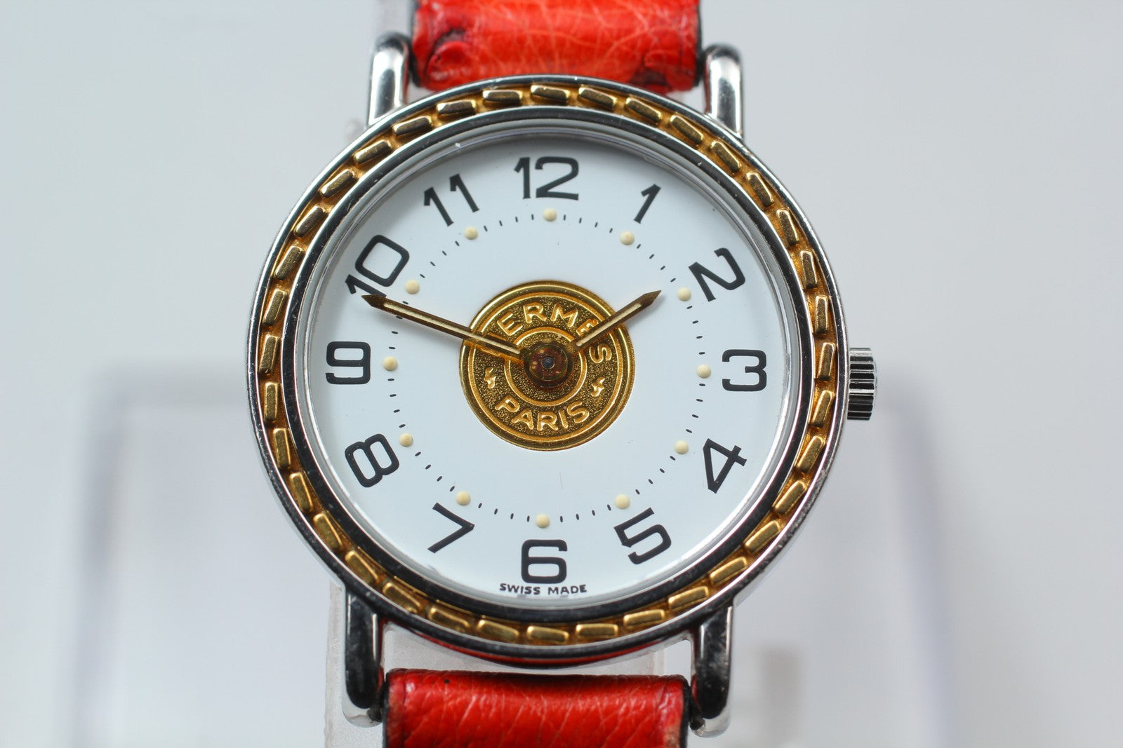 Vintage HERMES Sellier White Dial Red "T" 24mm Woman's Quartz Watch