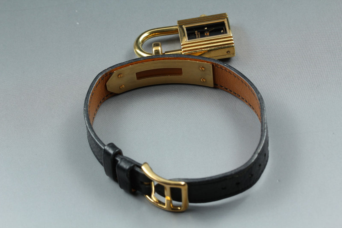 HERMES Kelly Watch Gold Black Leather "A" Woman's Quartz Watch Vintage [Box]