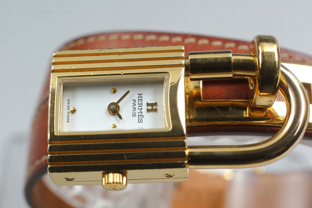 Overhauled [Exc+5 Box] HERMES Kelly Watch Gold Brown "I" Double Woman's Qz Watch