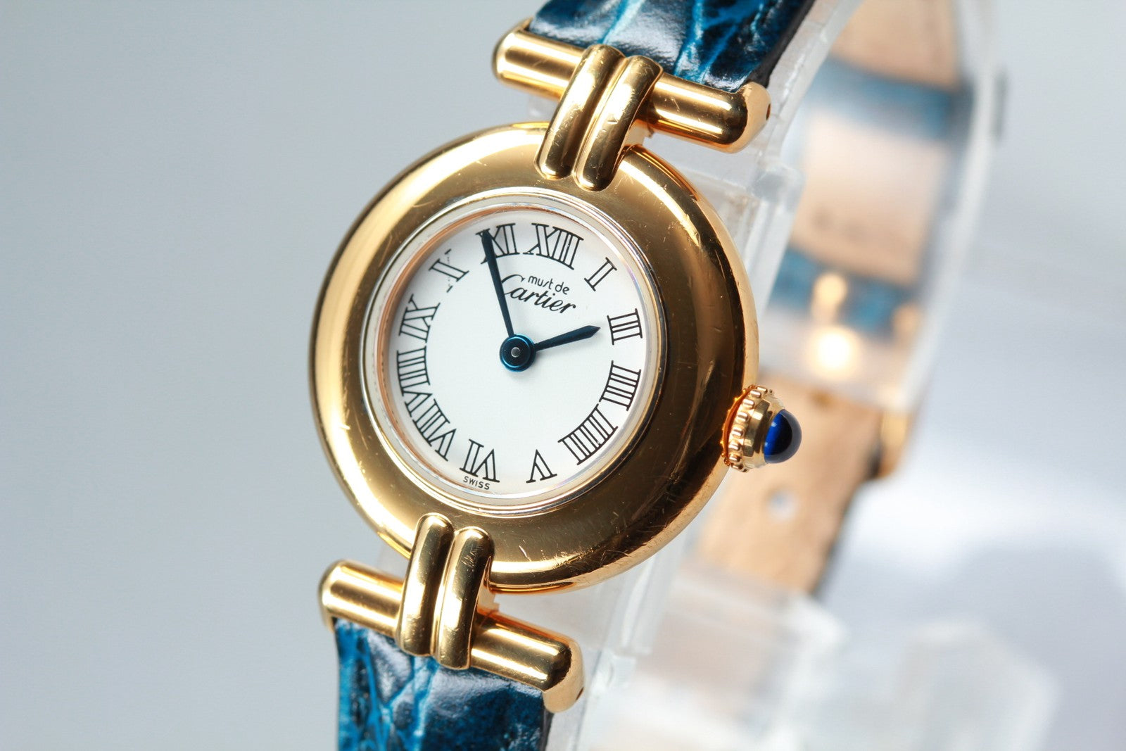 Vintage [Exc+5] Cartier Must Colisee Vermeil 2410 Gold Blue Women's Quartz Watch