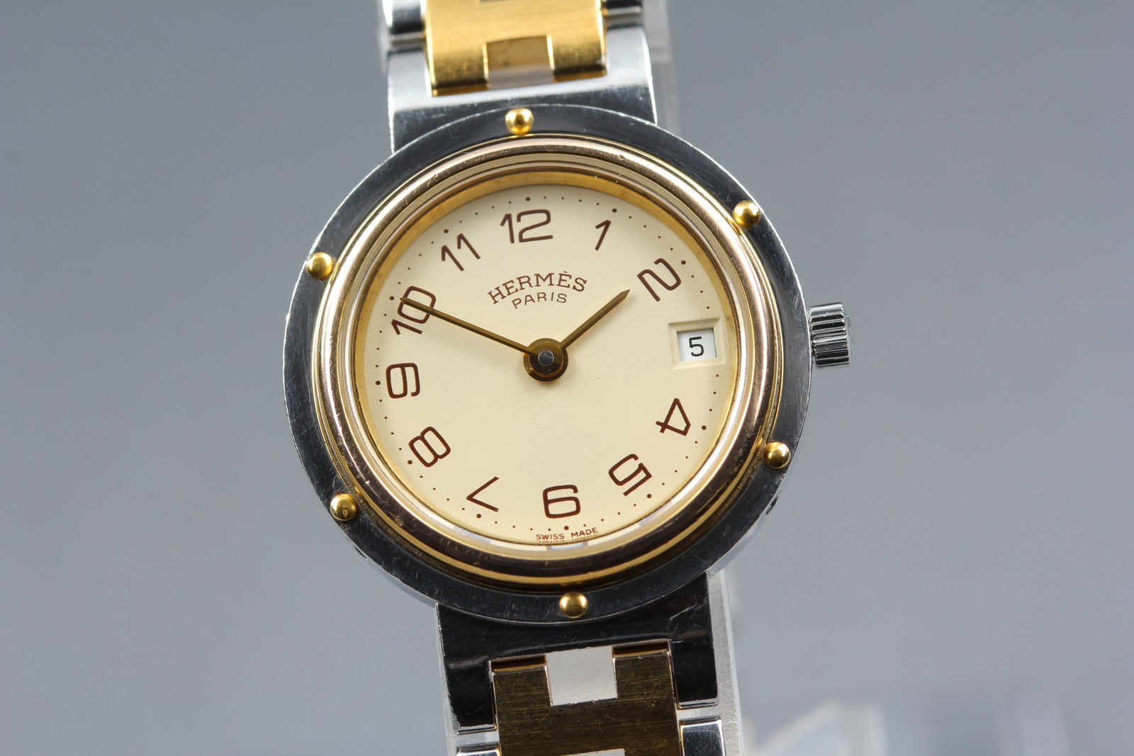 Vintage Hermes Clipper 24mm Ivory Dial Gold Woman's Watch Quartz [w /Box]