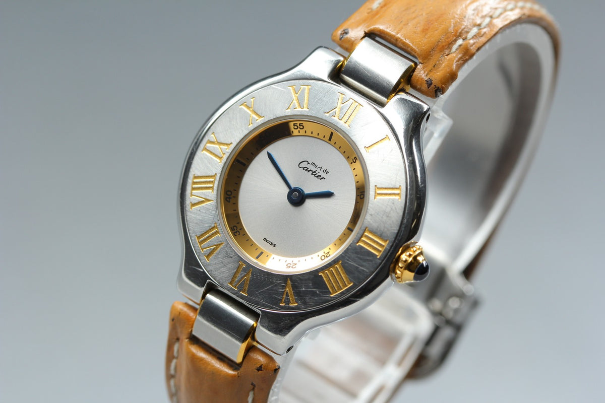 Vintage Cartier Must De 21 1340 Silver Quartz Women's Watch 27mm JAPAN Box
