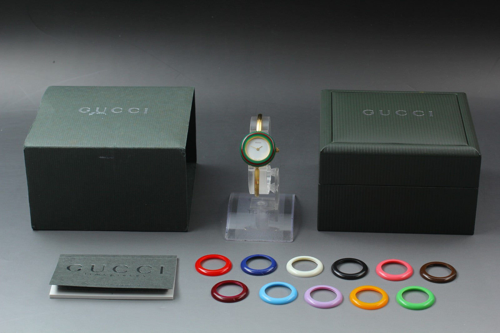 Vintage Gucci Change Bezel 11/12.2 12 Colors Gold Bangle Women's Qz Watch [Box]