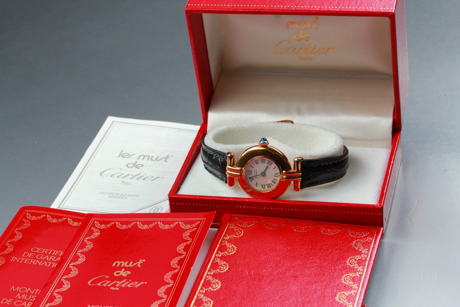 Vintage [w/Box] Cartier Must Colisee Vermeil 590002 Black Women's Quartz Watch