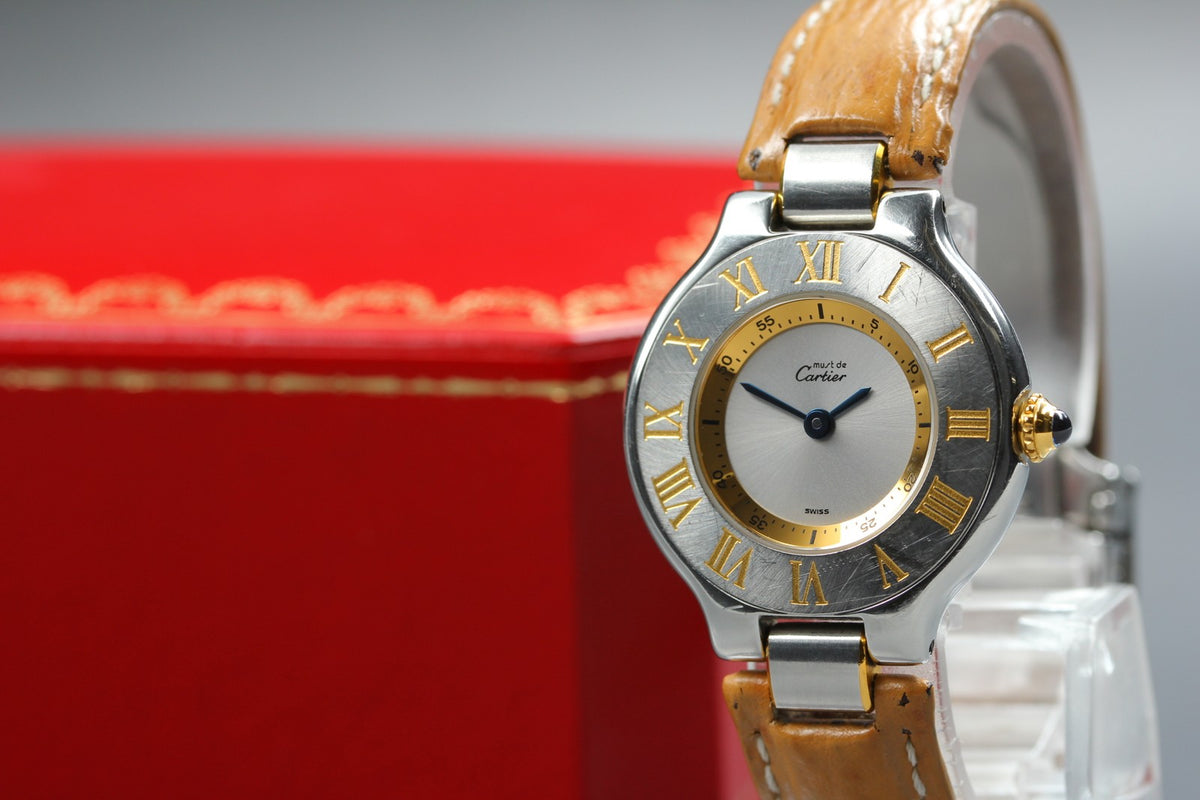Vintage Cartier Must De 21 1340 Silver Quartz Women's Watch 27mm JAPAN Box