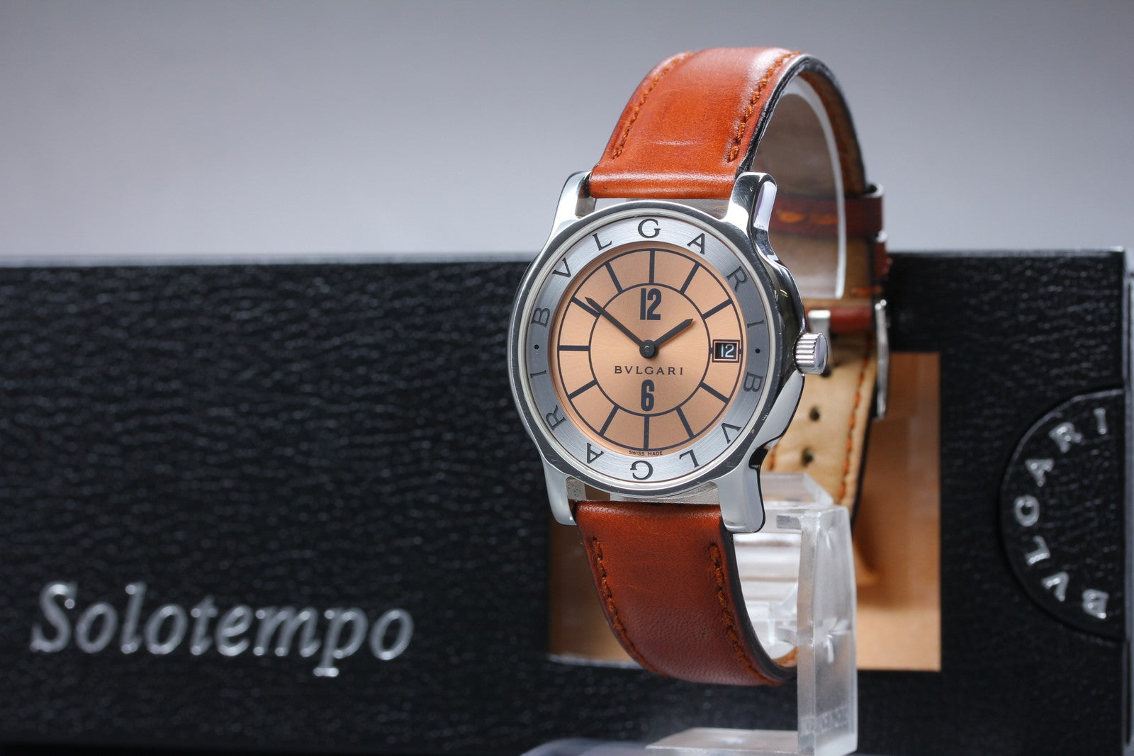New Batt BVLGARI SOLOTEMPO ST35S Pink Quartz Men's Watch 35mm JAPAN Box