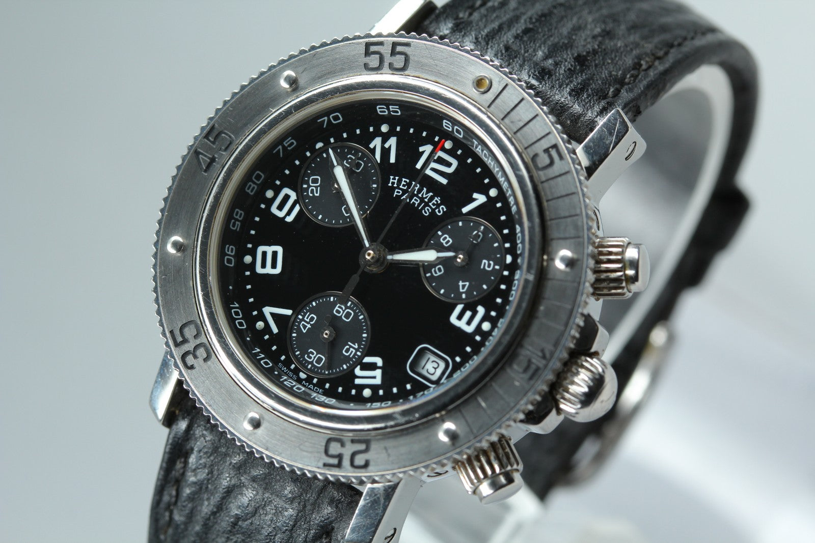 HERMES Clipper CL2.310 Quartz Black Chronograph Women's Watch 33mm Japan Box