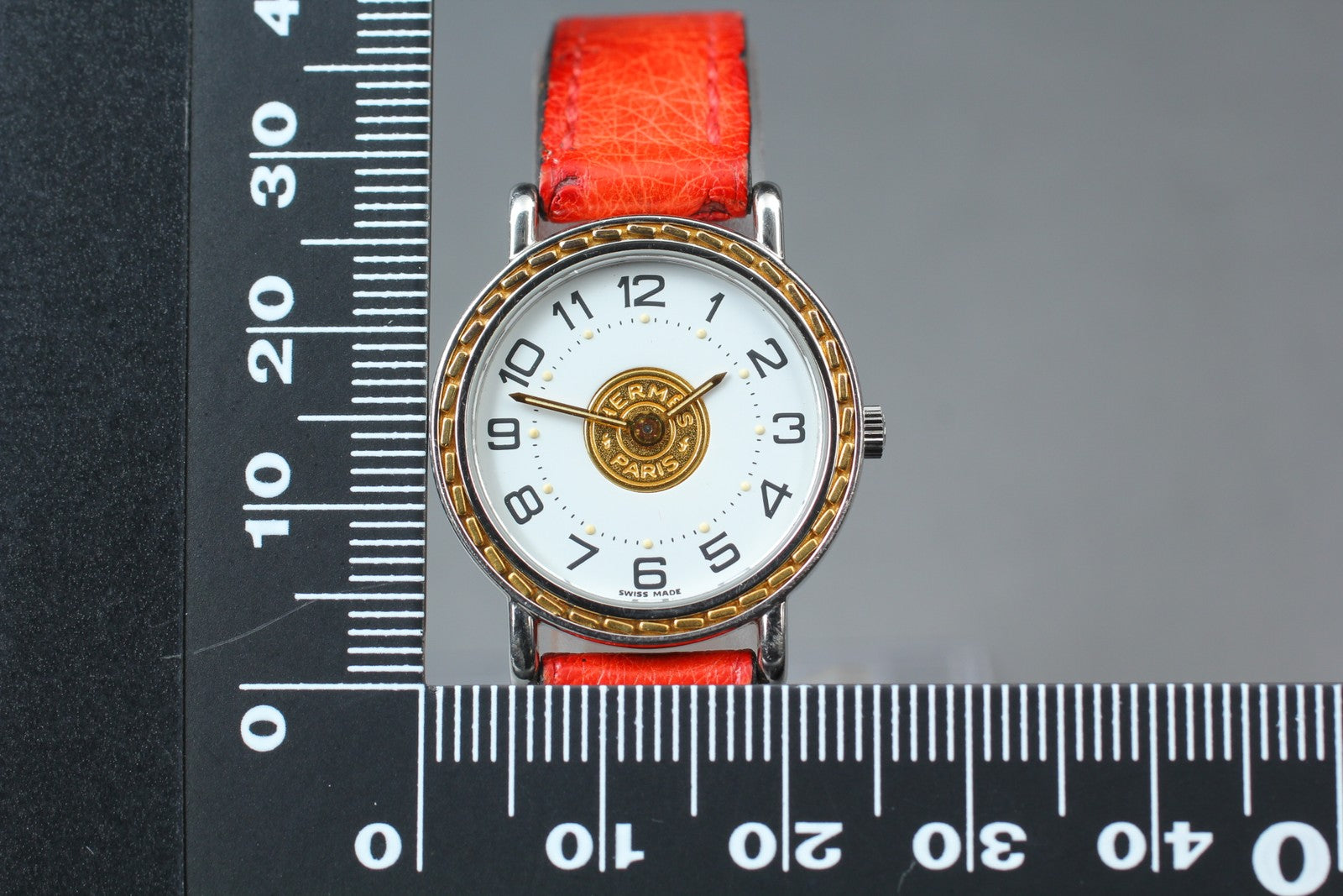 Vintage HERMES Sellier White Dial Red "T" 24mm Woman's Quartz Watch