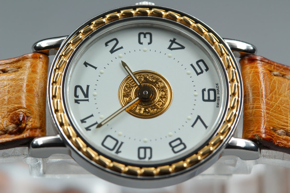 HERMES Sellier SE4.220 White Dial Brown 24mm Woman's Quartz Watch Vintage