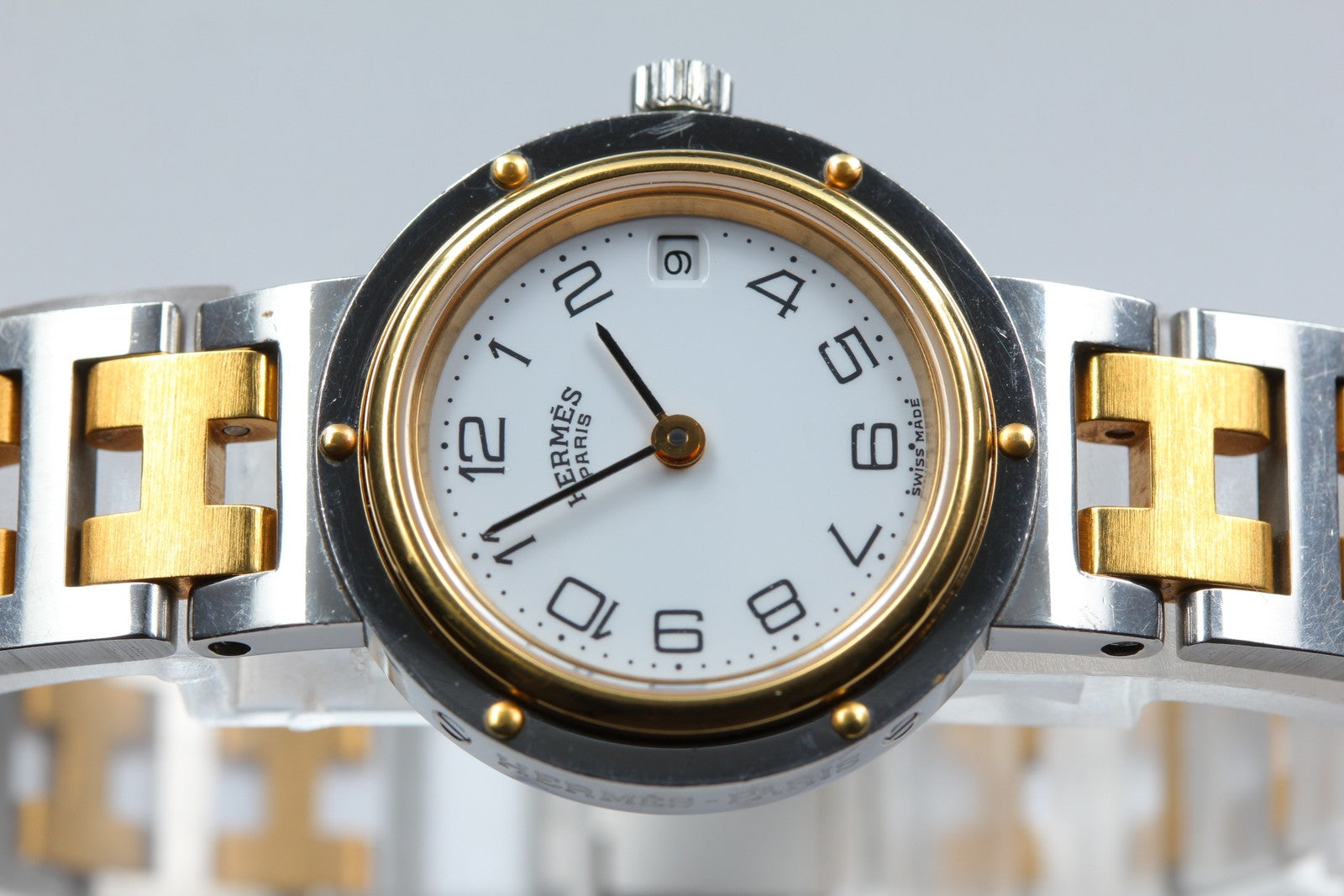 Vintage [Exc+5 Box] Hermes Clipper 24mm White Dial Gold Woman's Watch Quartz