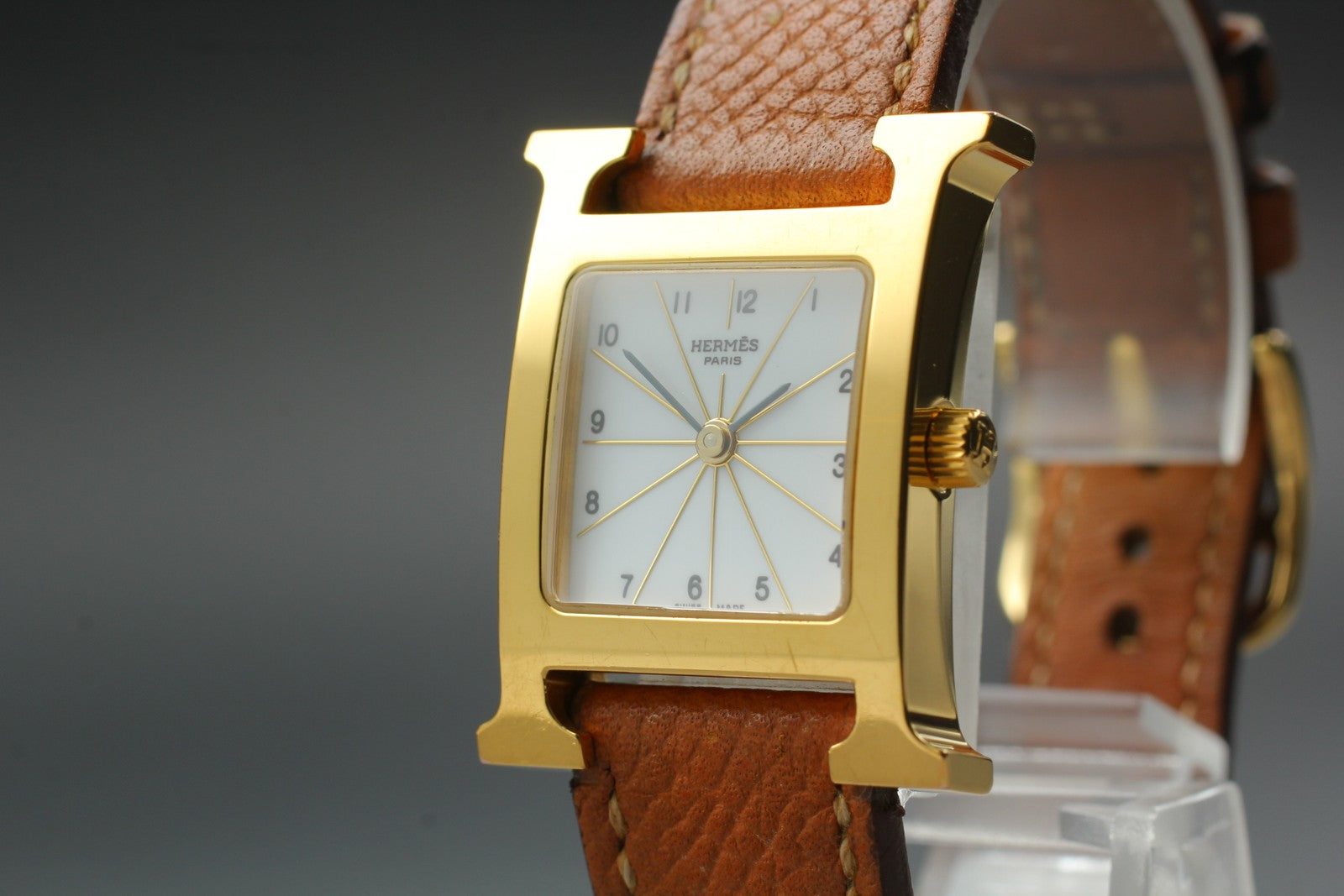 [Exc+4 Box] HERMES H Watch HH1.201 Gold Brown  "L" Woman's Watch Quartz JAPAN