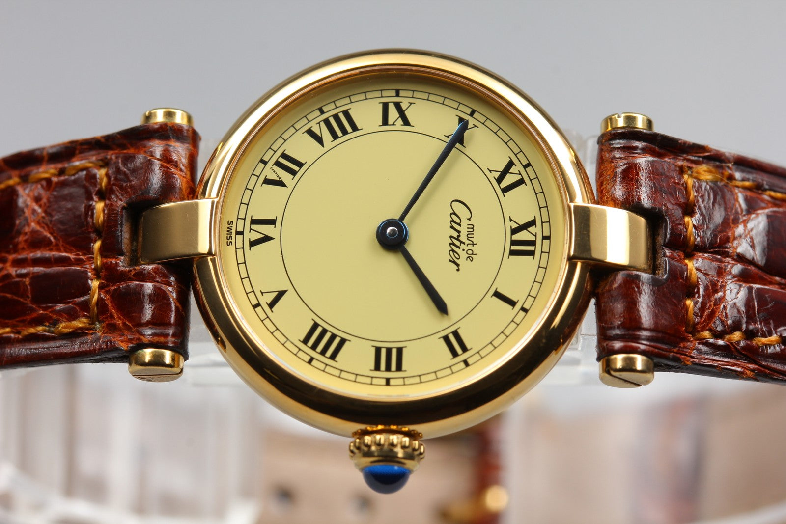 Vintage Cartier Must Vendome Vermeil 590004 Gold 23mm Brown Women's Qz Watch