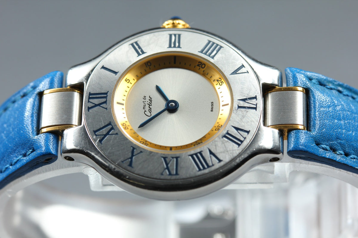 Cartier Must de Cartier 21 1340 Blue Silver 27mm Women's Qz Watch Vintage Pouch