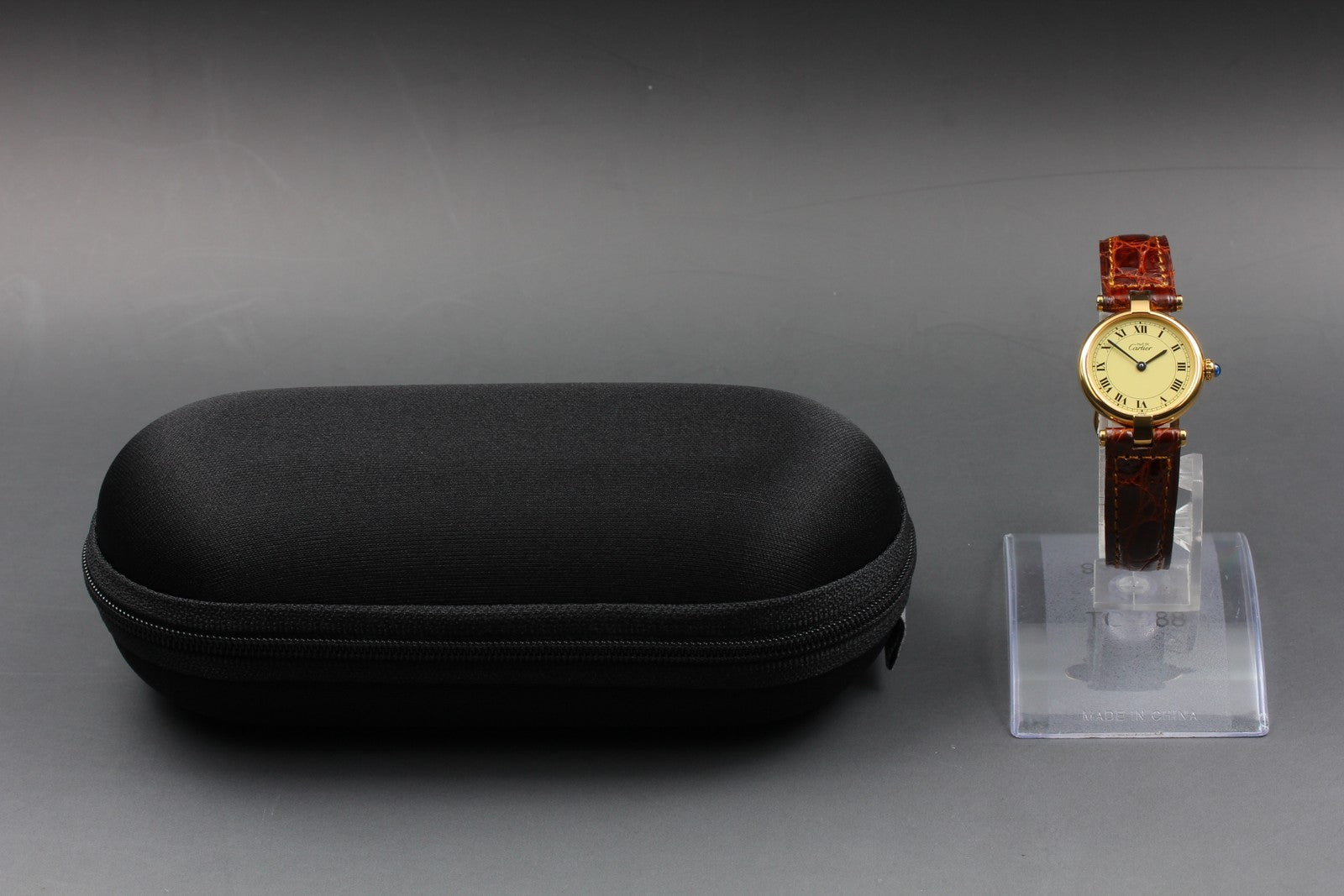 Vintage Cartier Must Vendome Vermeil 590004 Gold 23mm Brown Women's Qz Watch