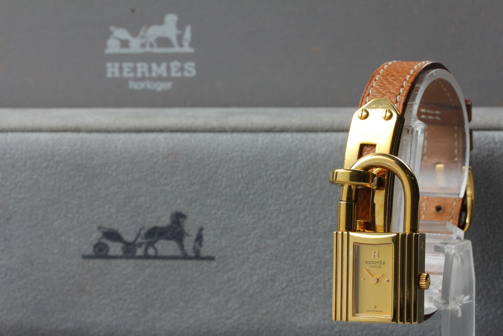 Vintage [Box] HERMES Kelly Watch Gold Brown Leather "U" Woman's Quartz Watch
