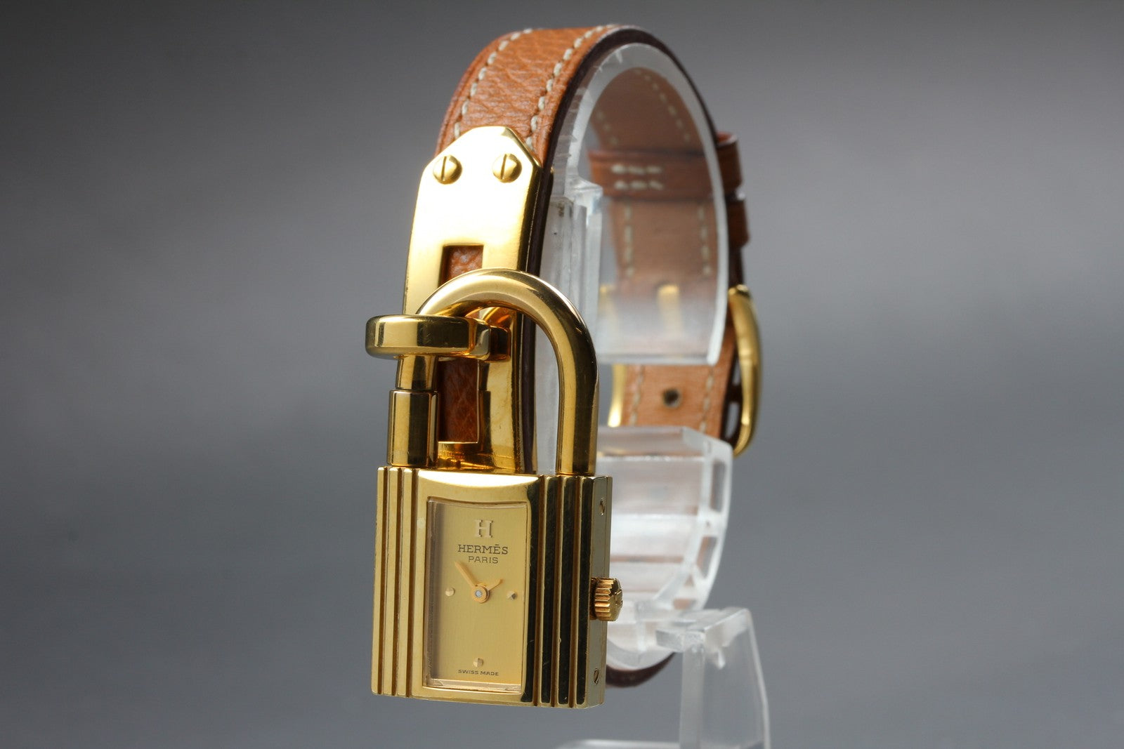 Vintage [Box] HERMES Kelly Watch Gold Brown Leather "U" Woman's Quartz Watch