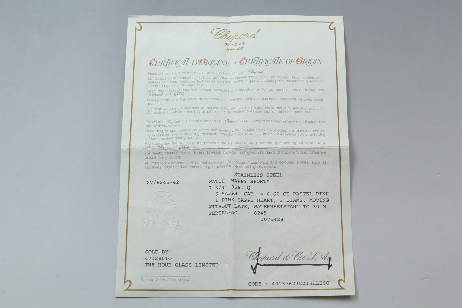 [Exc+5 Box] Chopard Happy Sports 27/8245-42 Heart Diamond Pink Qz Women’s Watch