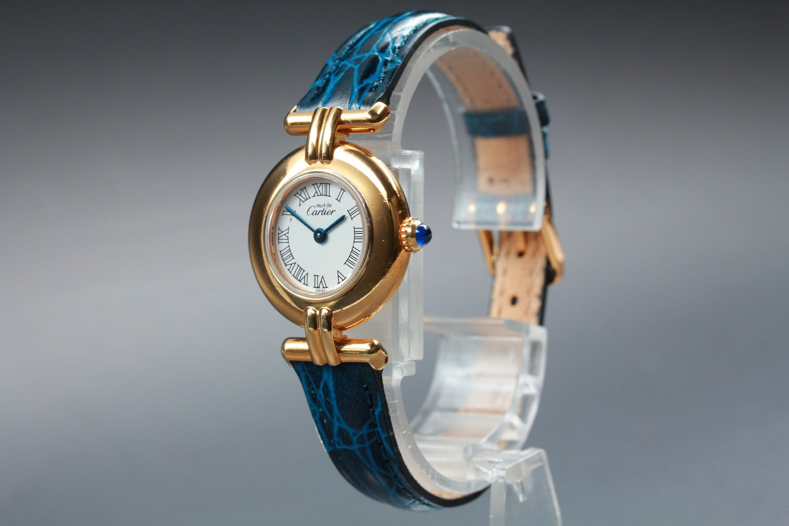 Vintage [Exc+5] Cartier Must Colisee Vermeil 2410 Gold Blue Women's Quartz Watch