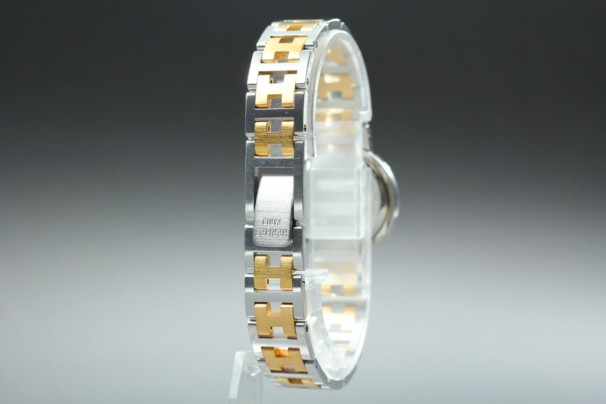 HERMES Clipper White Dial Gold Bracelet 24mm Woman's Quartz Watch Vintage