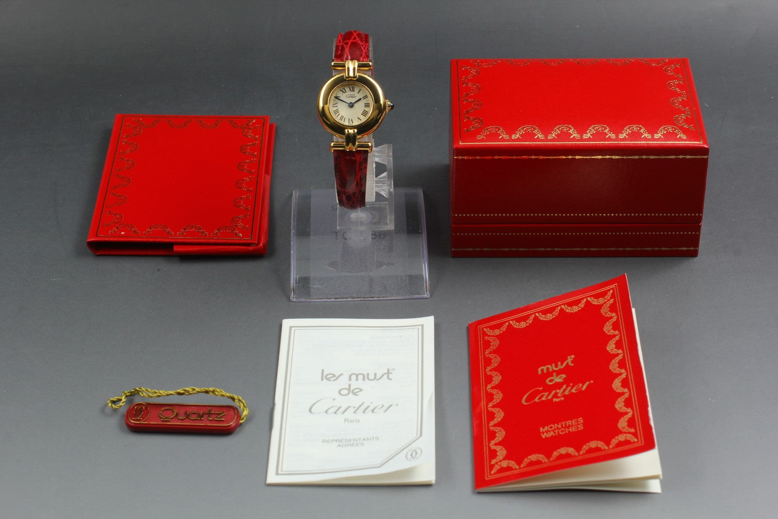 Vintage[Near MINT- Box] Cartier Must Colisee Vermeil 590002 Red Women's Qz Watch