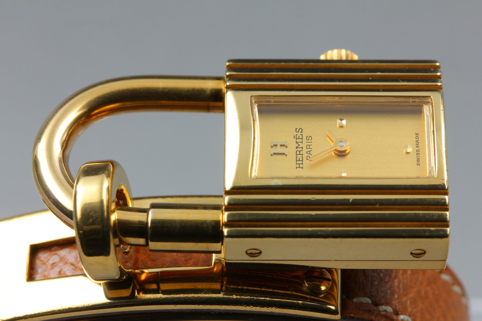 Vintage [Box] HERMES Kelly Watch Gold Brown Leather "U" Woman's Quartz Watch