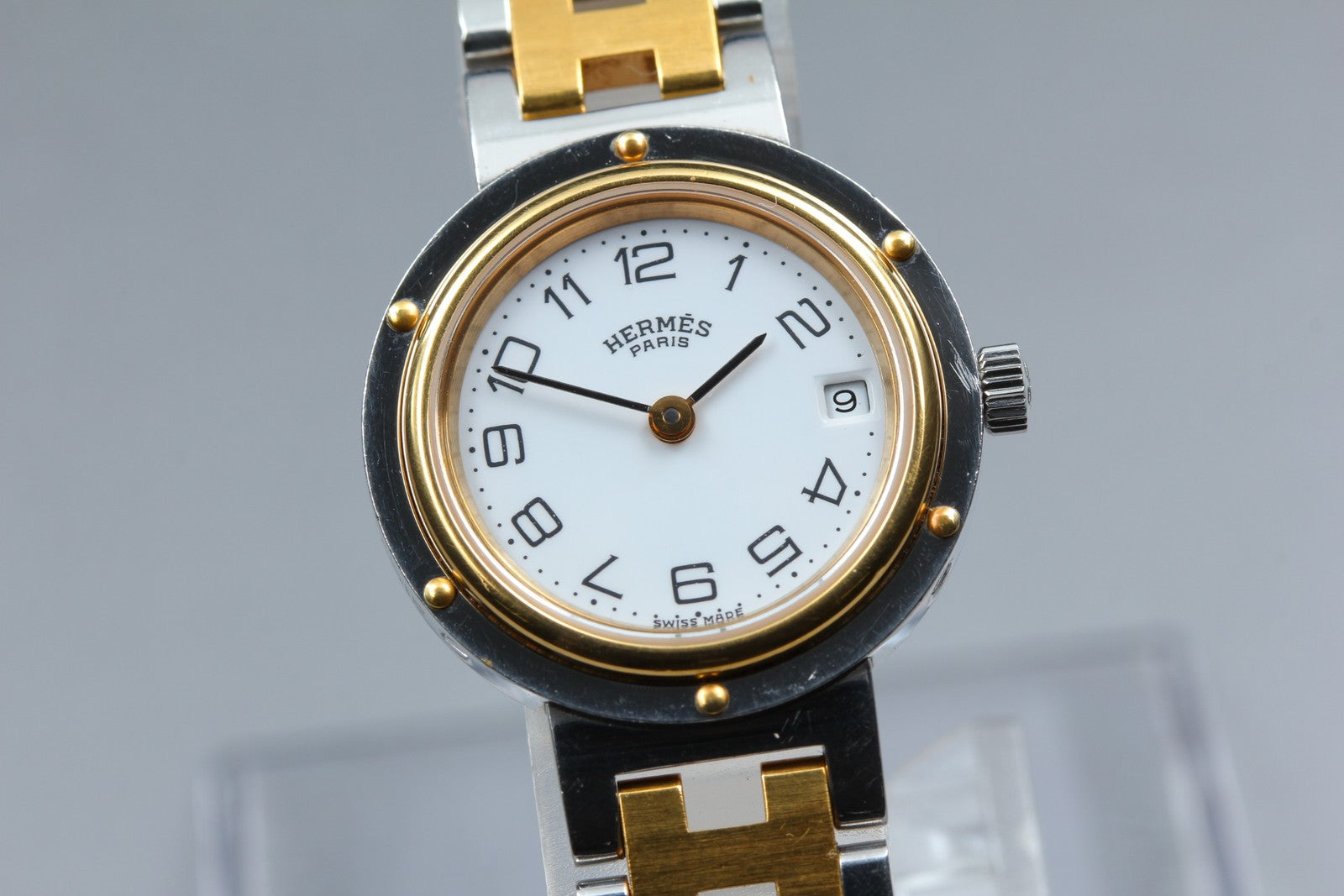 Vintage [Exc+5 Box] Hermes Clipper 24mm White Dial Gold Woman's Watch Quartz