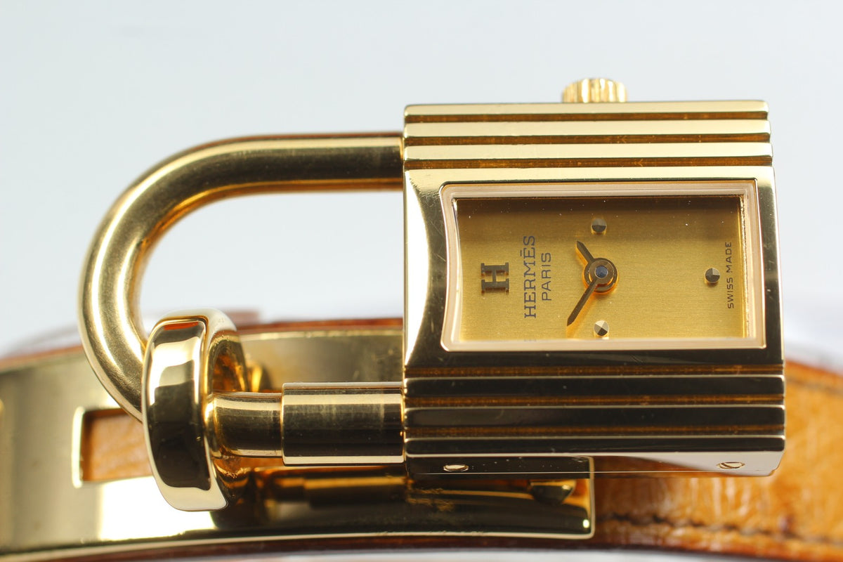 HERMES Kelly Watch Gold Brown Leather "Z" Woman's Quartz Watch Vintage [Box]