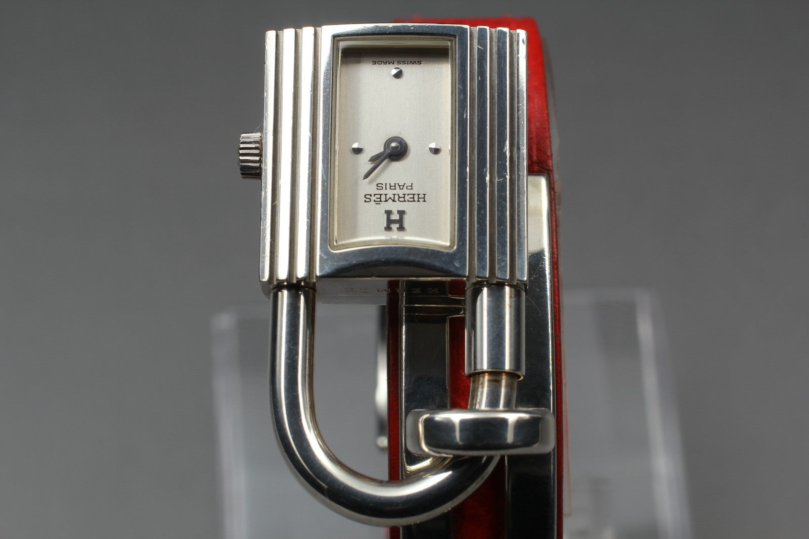 Vintage [Exc+5] HERMES Kelly Watch Silver Red Leather "Y" Woman's Quartz Watch