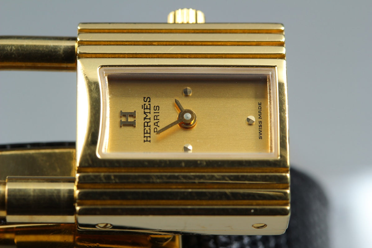 HERMES Kelly Watch Gold Black Leather "=" Woman's Quartz Watch Vintage