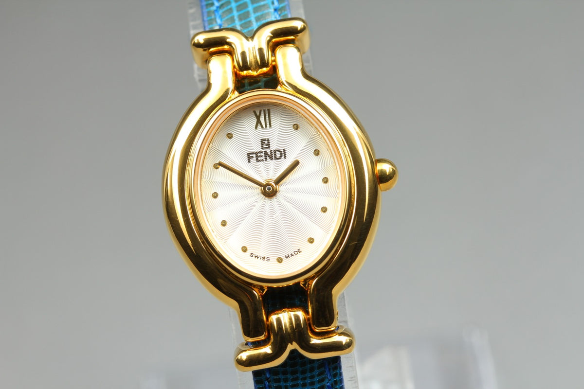 FENDI 640L Chameleon Blue Leather Belt Gold 24mm Women's Quartz Watch Vintage