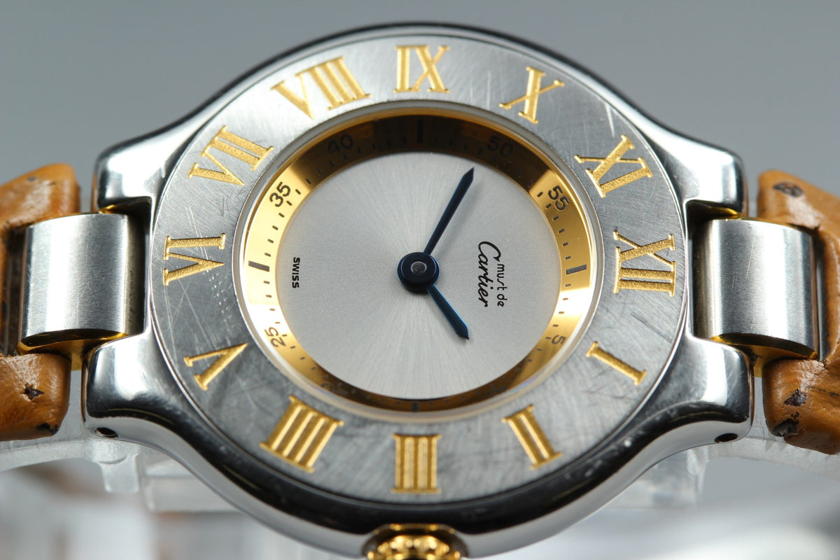 Vintage Cartier Must De 21 1340 Silver Quartz Women's Watch 27mm JAPAN Box