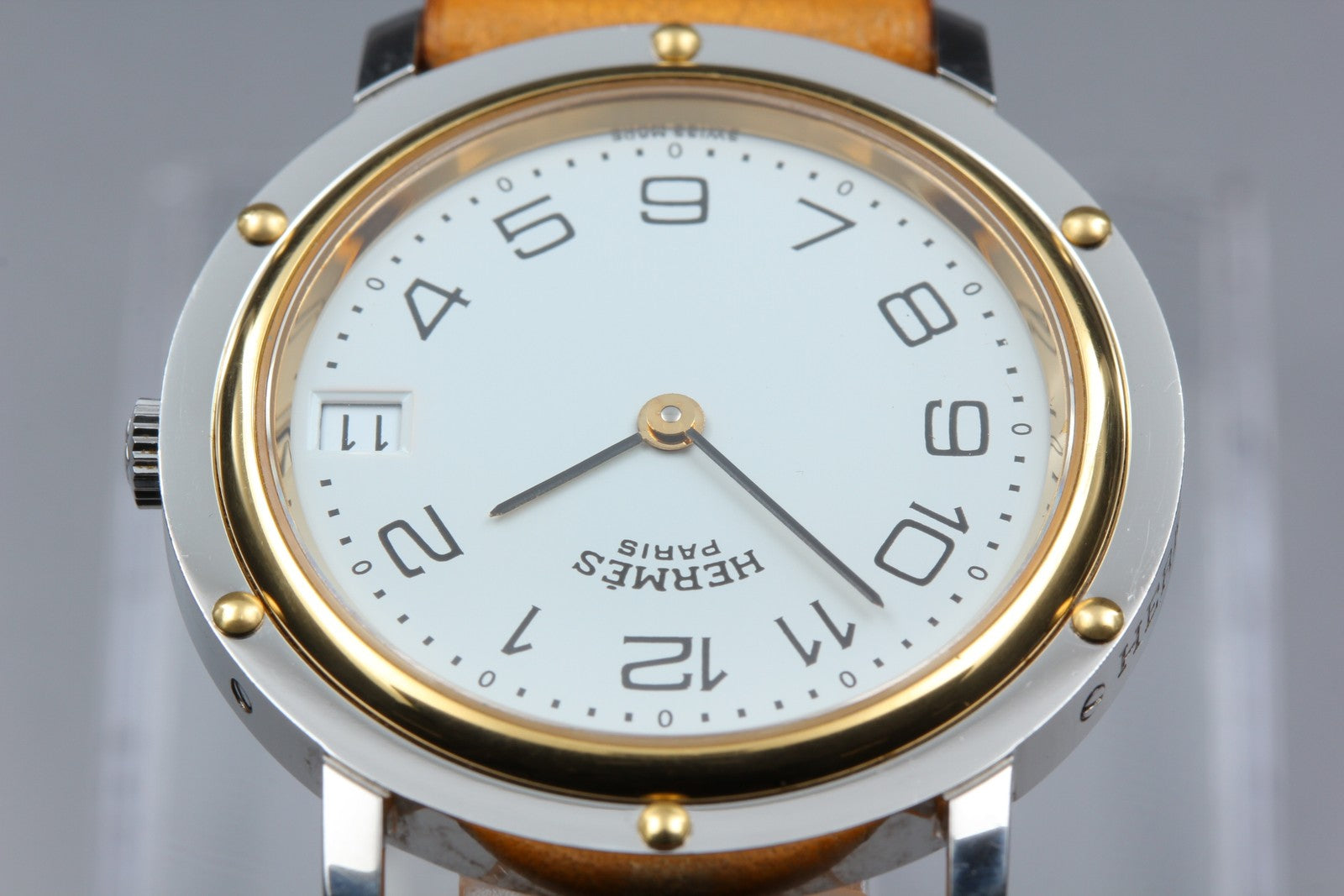 Vintage Hermes Clipper 34mm White Dial Brown Date Unisex Watch Quartz  [w/Box]