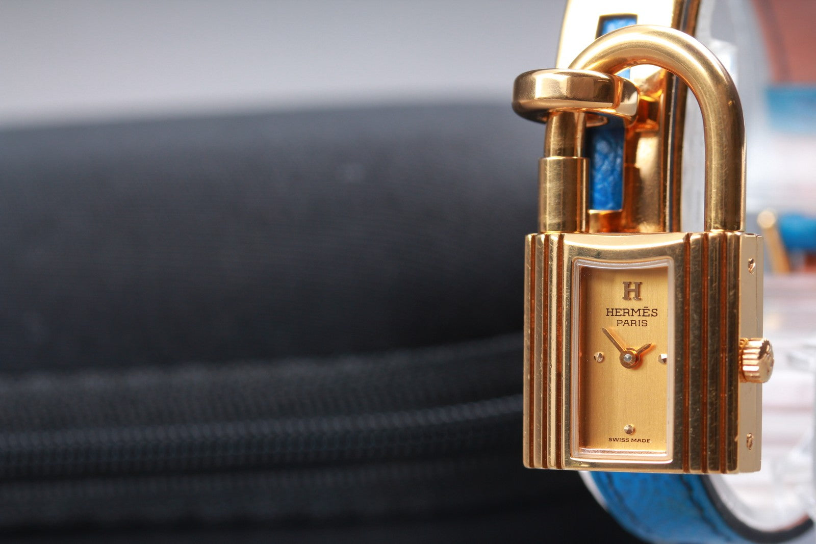 Overhauled [Exc+5] HERMES Kelly Watch Gold Dial Blue "W" Woman's Quartz Watch