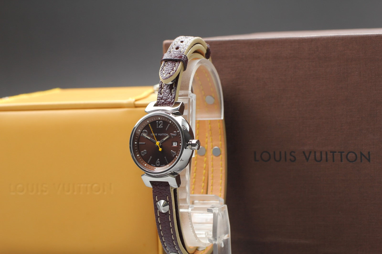 [ Exc+5 Box] Louis Vuitton Tambour Q1211 27mm Brown Women's Quartz Watch JAPAN