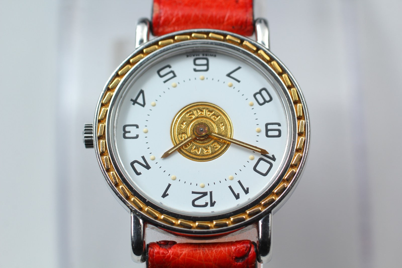 Vintage HERMES Sellier White Dial Red "T" 24mm Woman's Quartz Watch