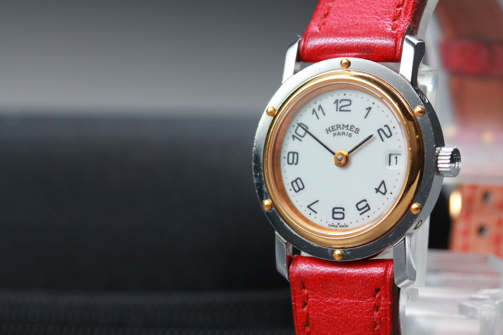 Vintage [Exc+5] HERMES Clipper White Dial Red 24mm Woman's Quartz Watch JAPAN