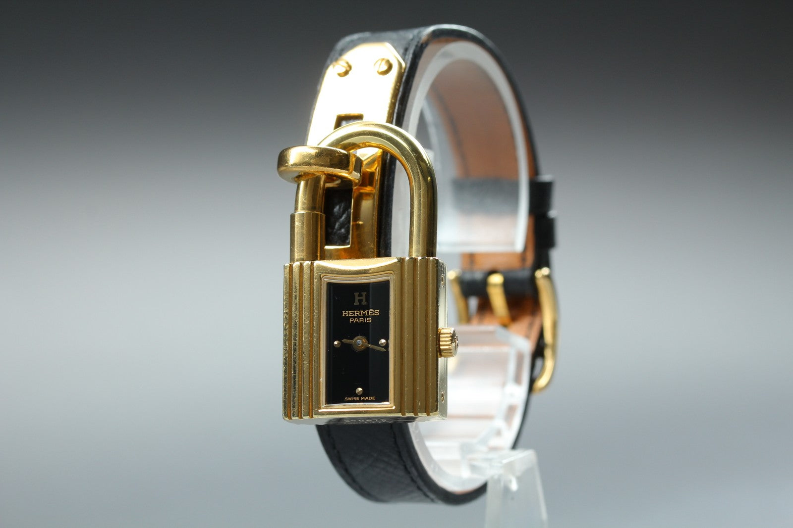HERMES Kelly Watch Gold Black Leather "A" Woman's Quartz Watch Vintage [Box]