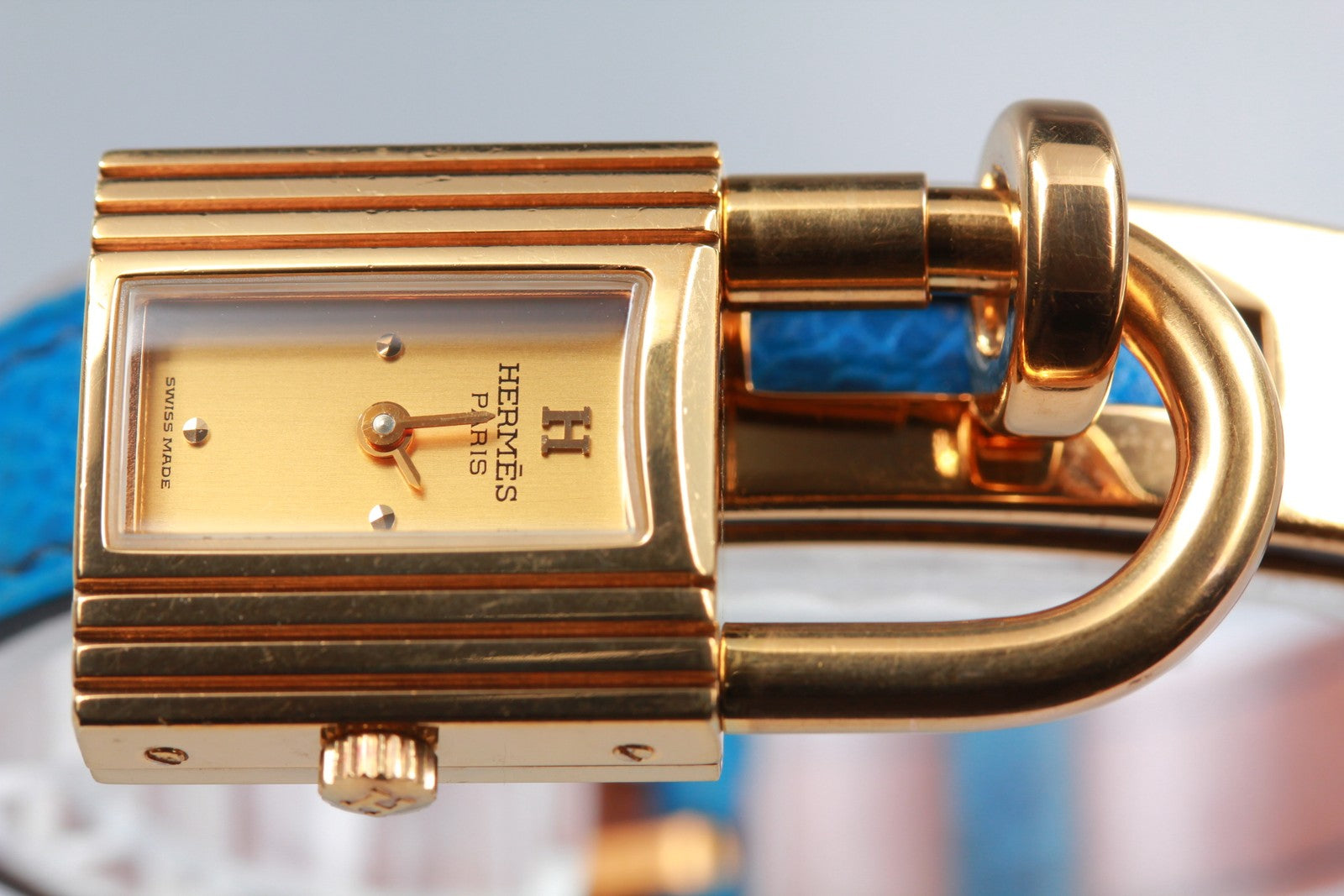 Overhauled [Exc+5] HERMES Kelly Watch Gold Dial Blue "W" Woman's Quartz Watch