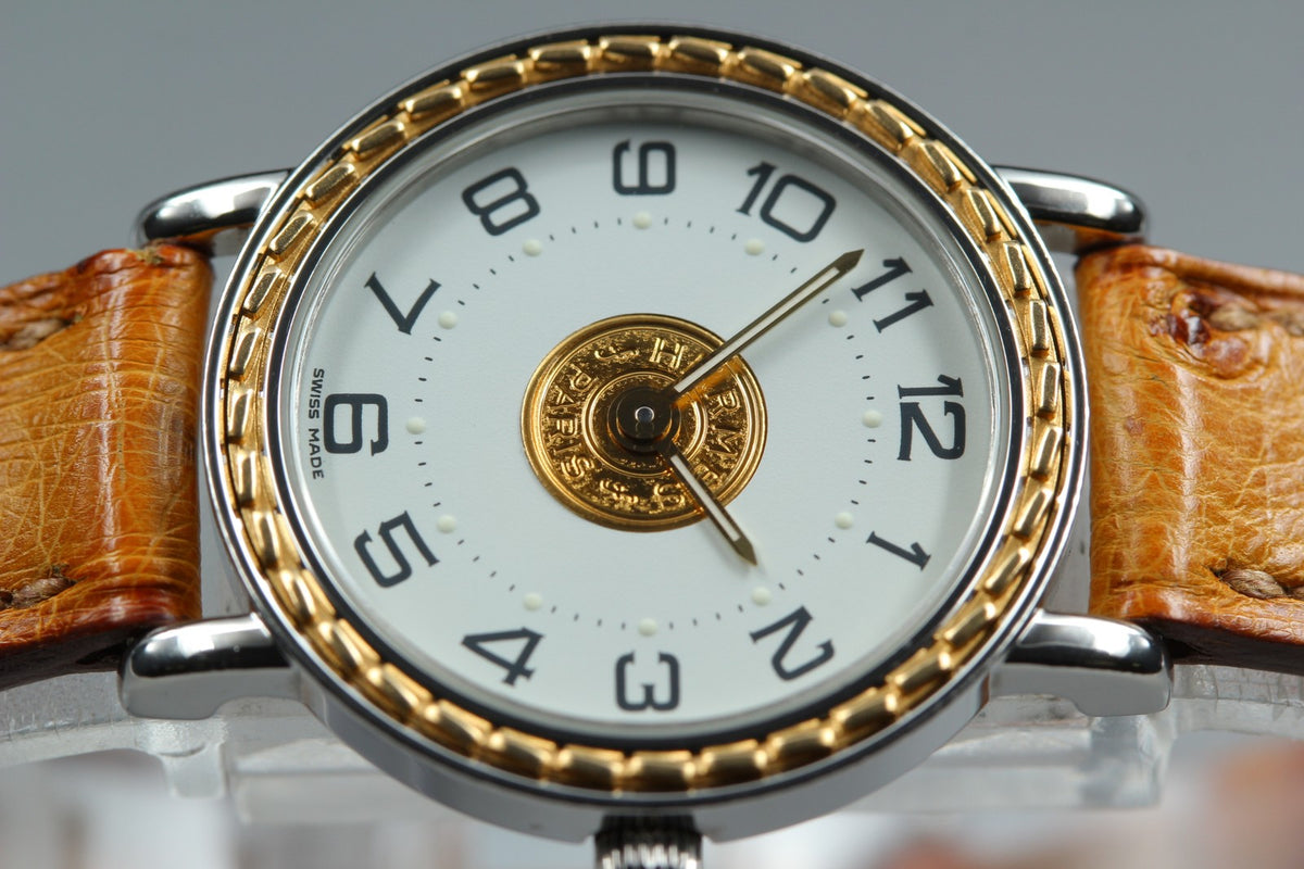 HERMES Sellier SE4.220 White Dial Brown 24mm Woman's Quartz Watch Vintage