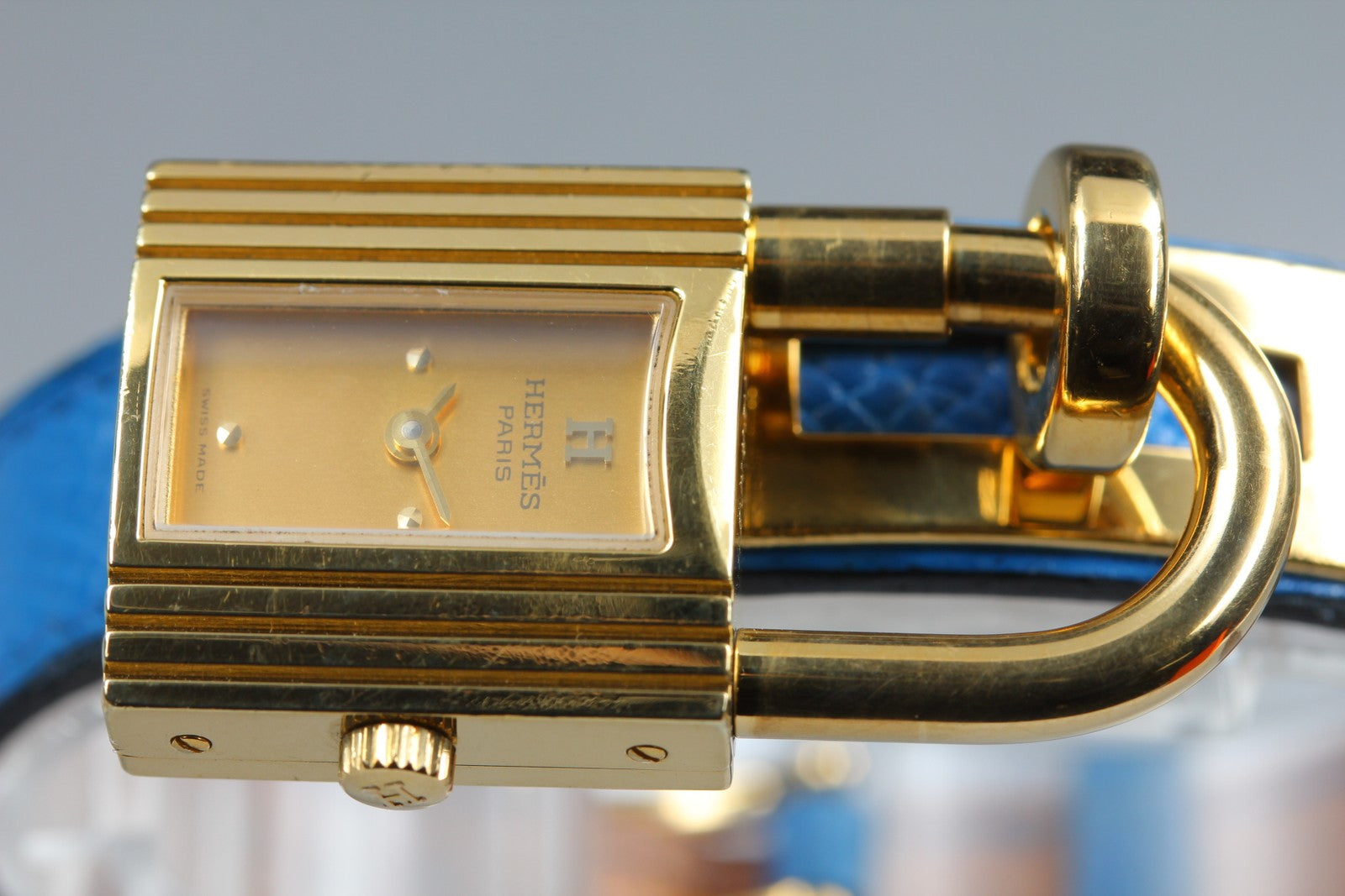 Vintage HERMES Kelly Watch Gold Blue Leather "A" Woman's Quartz Watch [Box]