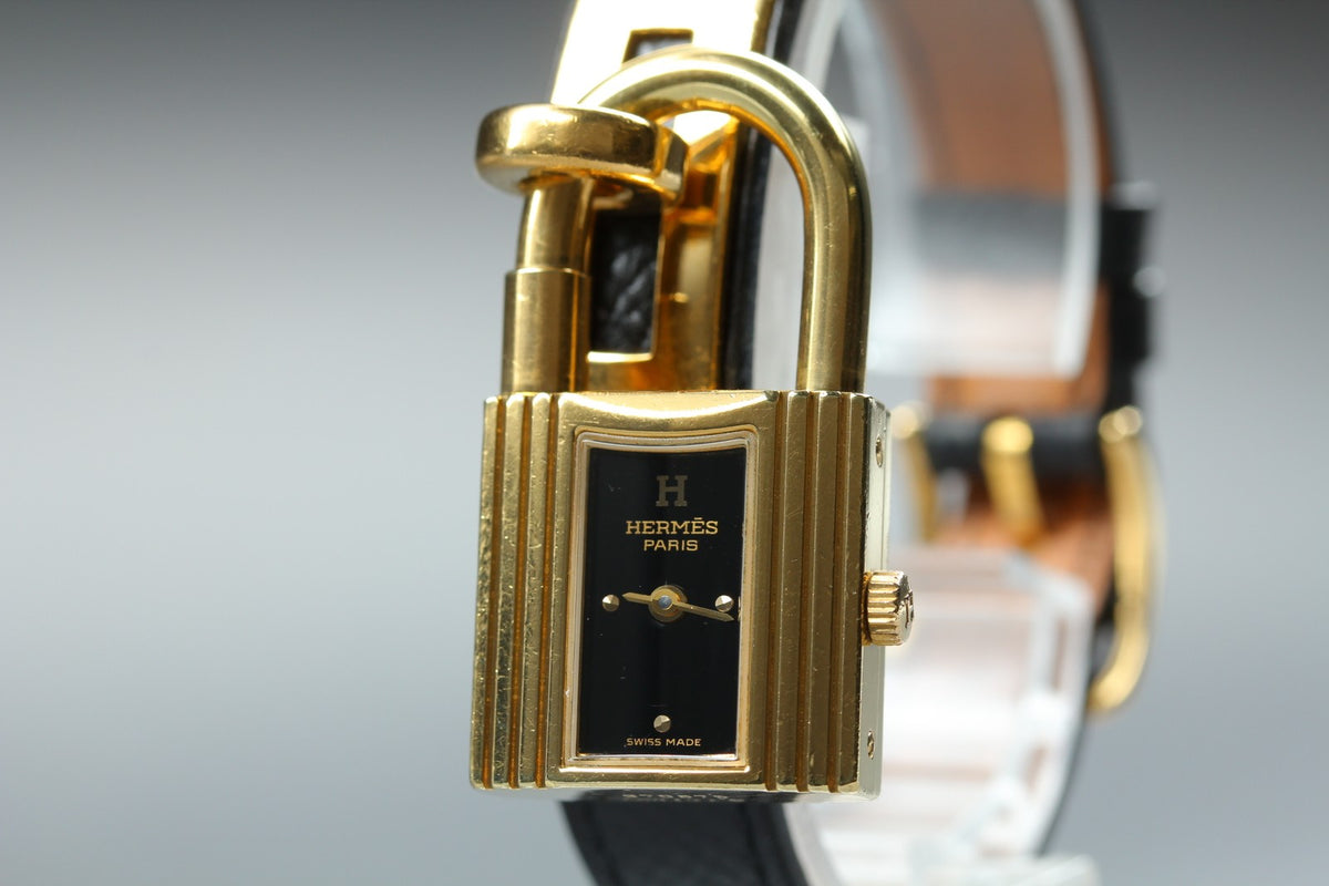 HERMES Kelly Watch Gold Black Leather "A" Woman's Quartz Watch Vintage [Box]