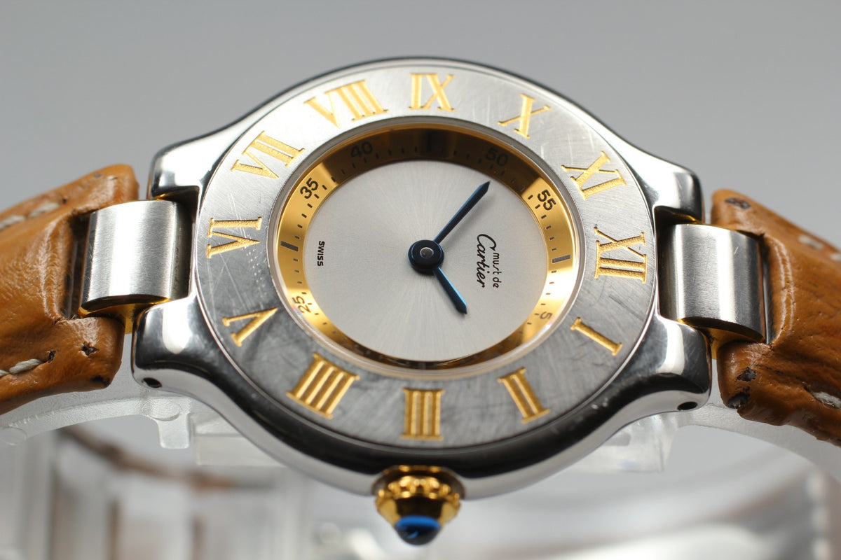 Vintage Cartier Must De 21 1340 Silver Quartz Women's Watch 27mm JAPAN Box