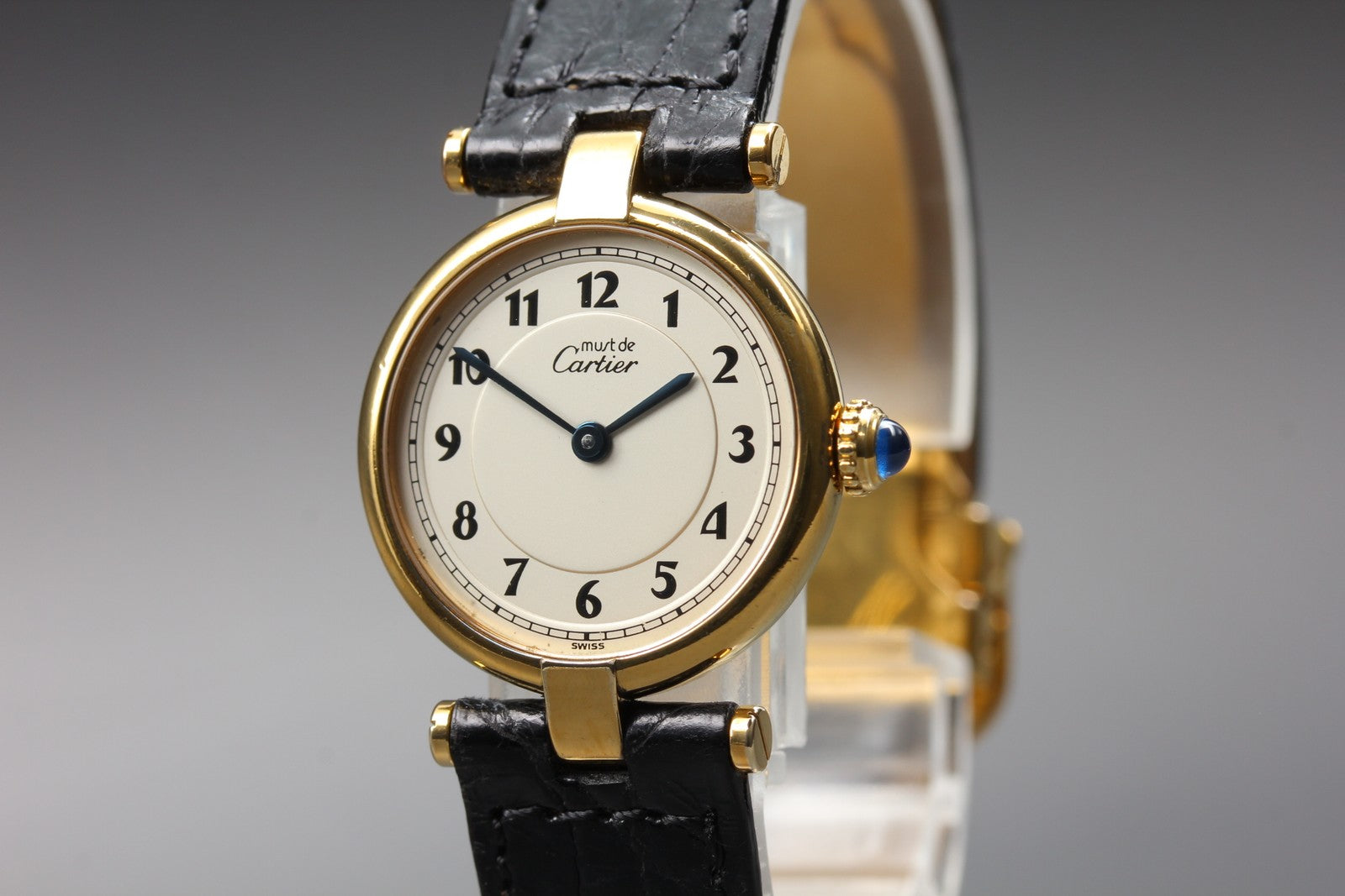 Vintage Cartier Must Vendome Vermeil 590004 Gold Black 24mm Women's Qz Watch