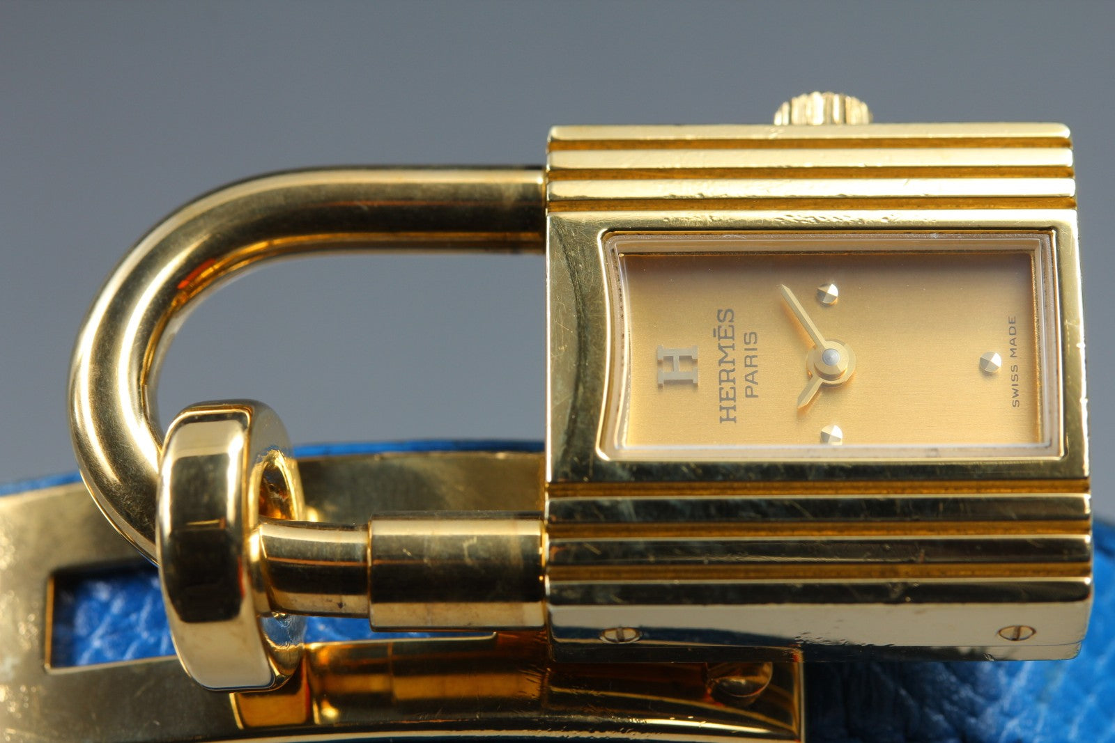 Vintage HERMES Kelly Watch Gold Blue Leather "A" Woman's Quartz Watch [Box]