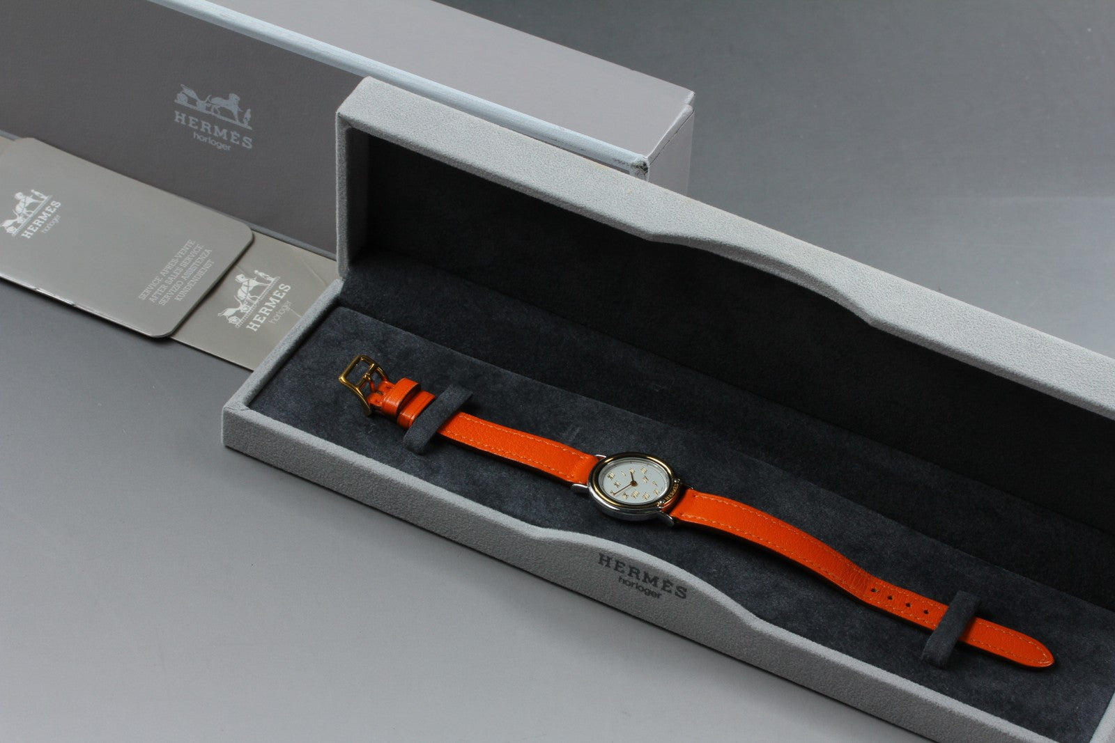 Vintage HERMES Meteor White Dial Orange "E" 24mm Woman's Watch Quartz [w /Box]